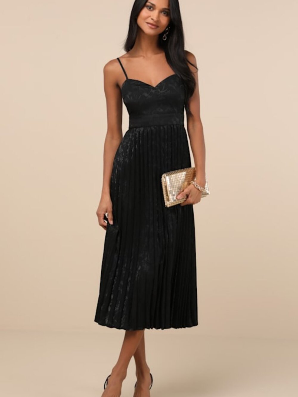 Lulus Regal Romance Black Floral Jacquard Pleated Satin Midi Dress - Size XXL